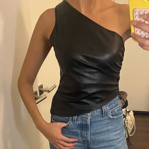 Black One-Shoulder Leather Effect Top